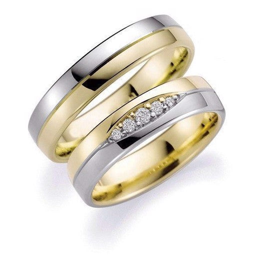 Tidløse Aagaard vielsesringe i 14 karat guld og hvidguld med 0,09 ct diamanter – tofarvede ringe med bølgedesign.